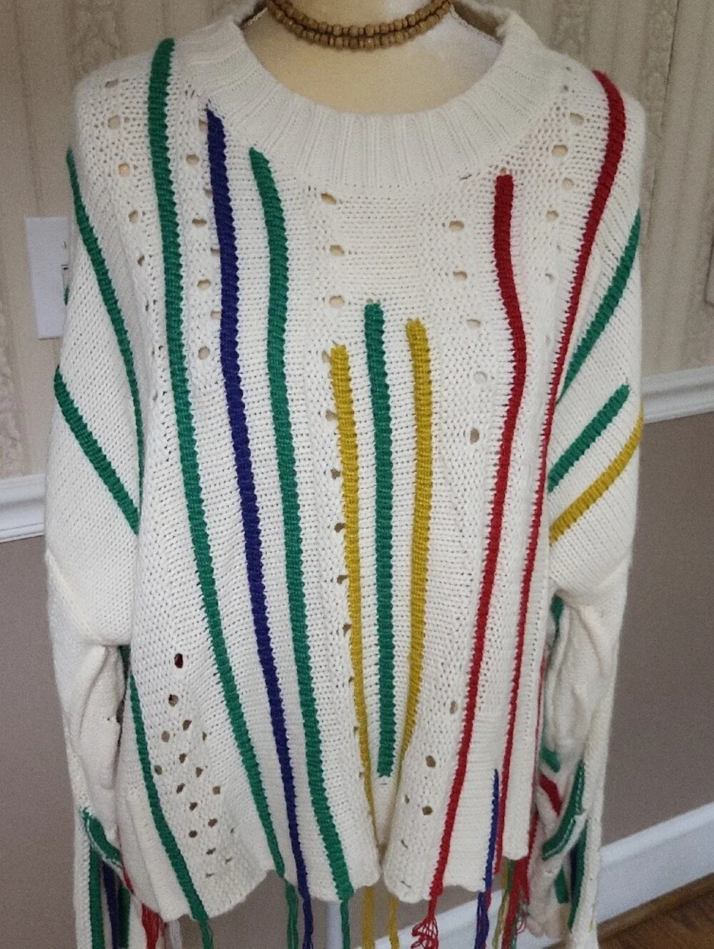 DAVI & DANI Cream Fringe Crewneck Sweater with Multicolor Stripes, Large - Picture 2 of 12
